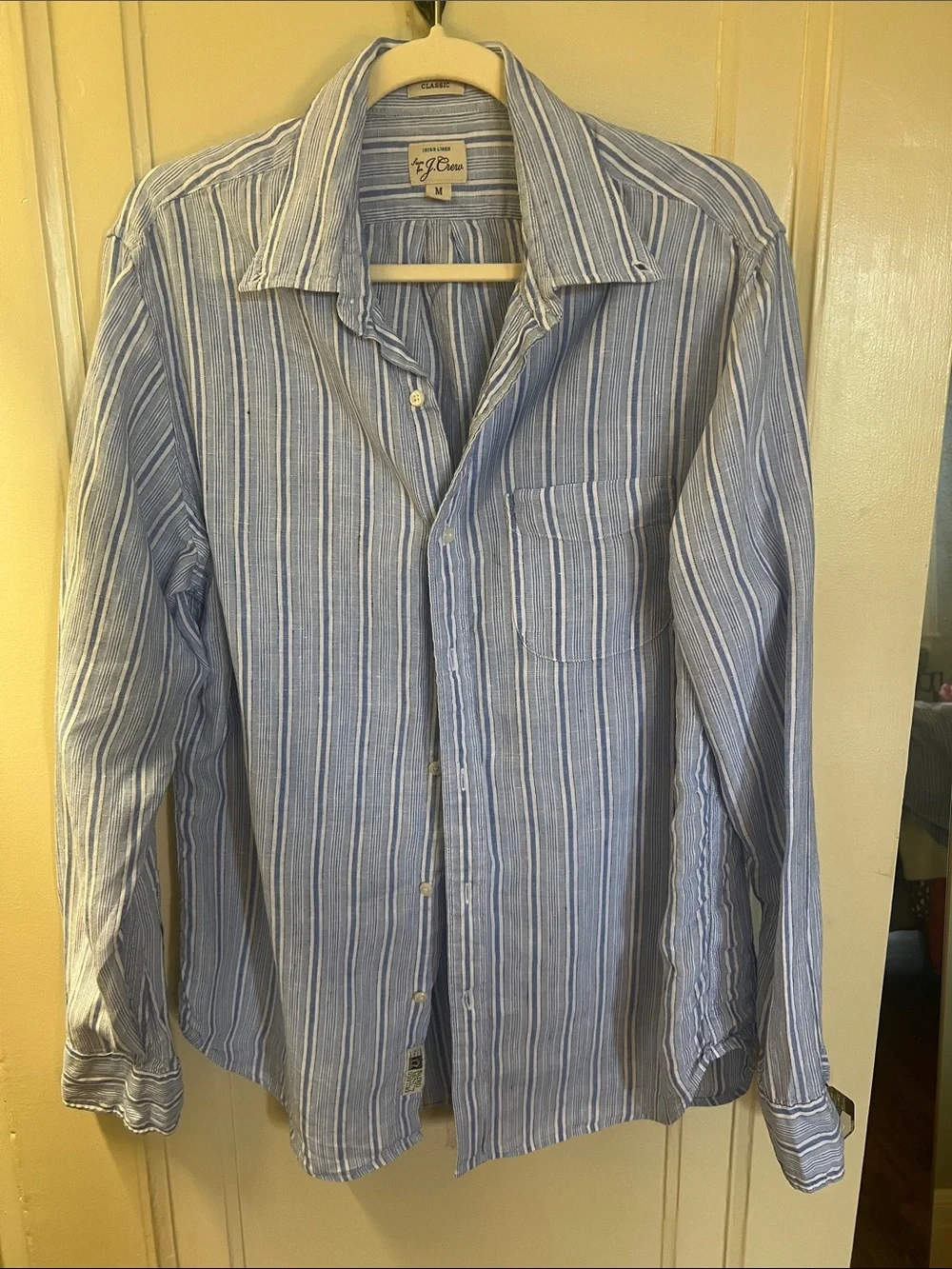 JCrew Irish Linen Blue and White Striped Long-Sleeve Button down Shirt
